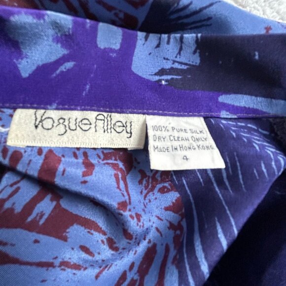 Vintage Vogue Alley Button Down Top Skirt Set Size 4 Purple Pure Silk Printed - Picture 3 of 13
